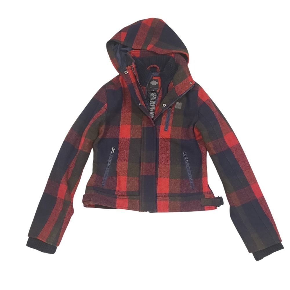 Harley-Davidson Women's Medium Wool Plaid‎ Hooded Jacket Red Double Zip